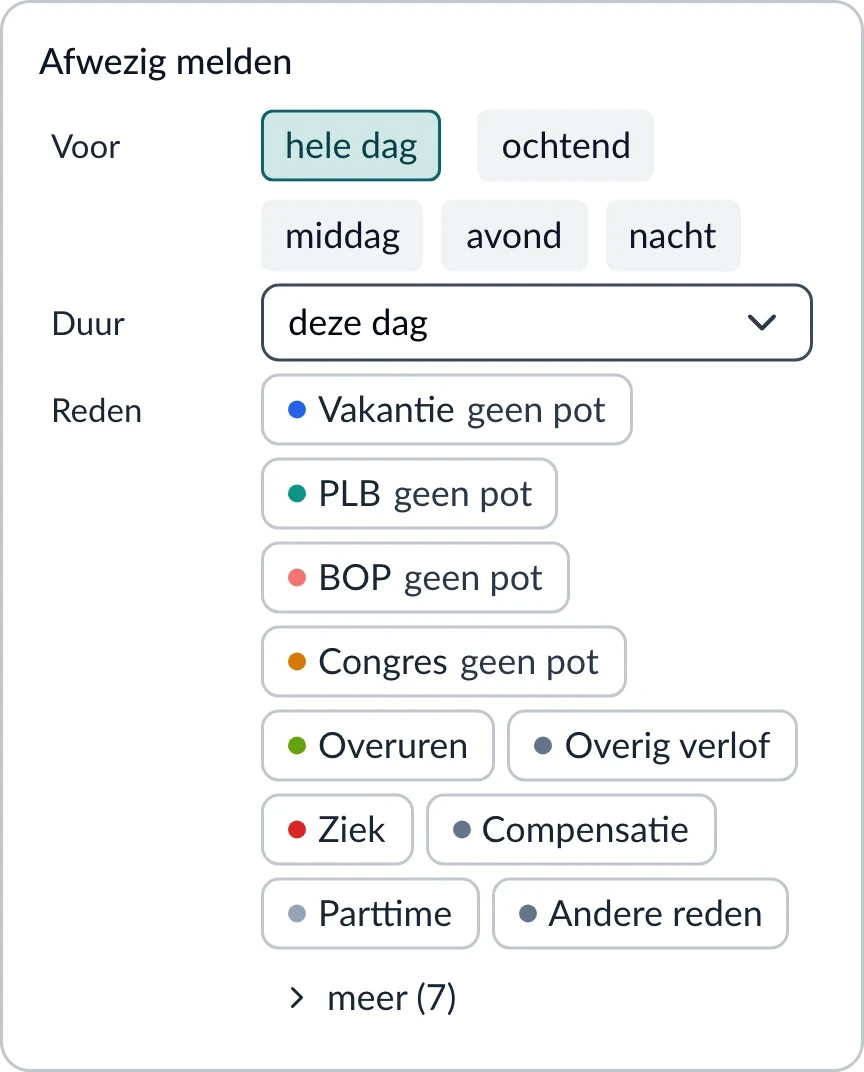 Het venster Afwezig melden: voor de hele dag of één dagdeel, de duur, en de reden, zoals vakantie, ziek of compensatie.