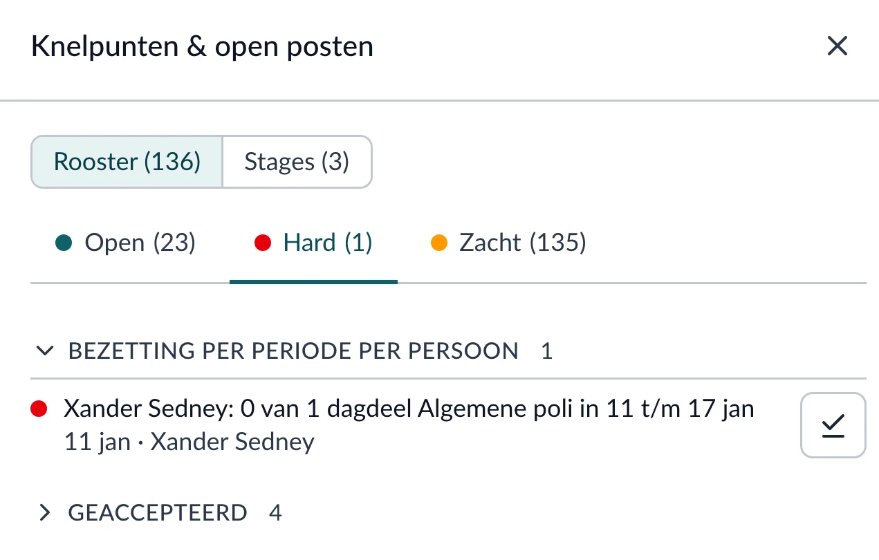 De lijst met knelpunten en open posten, met de tabbladen Open, Hard en Zacht en een knelpunt met de knop om het te accepteren.