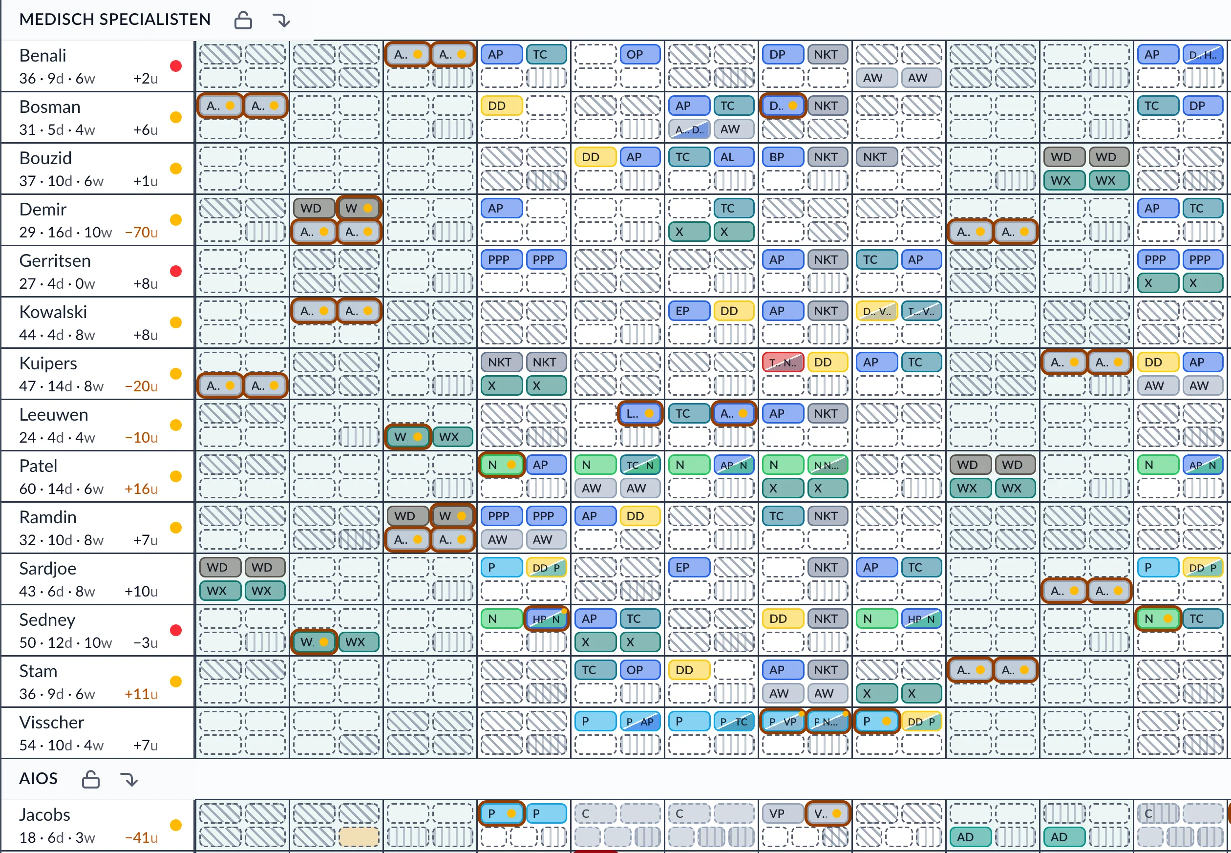 Het maandrooster: per persoon een rij met de diensten als gekleurde vakjes, links de tellers voor diensten, dagen, weekenden en uren, de groepen onder elkaar.