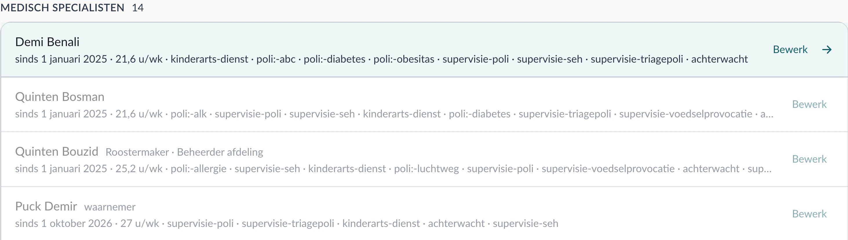 De teamlijst: per persoon sinds wanneer, de uren per week en de poli's en diensten die iemand doet.