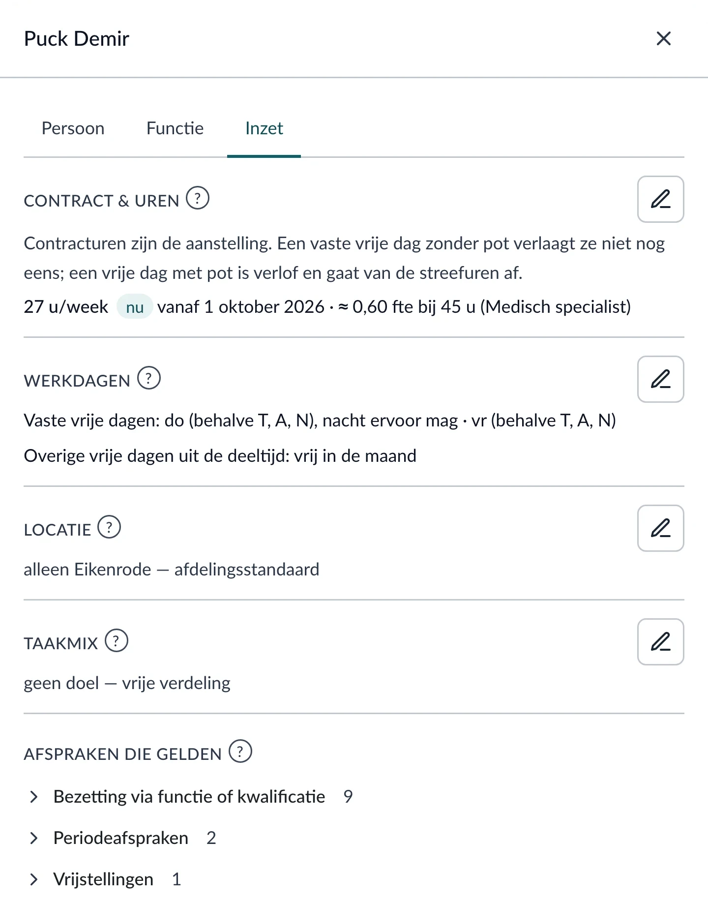 De teamkaart van een specialist, tab Inzet: contracturen en fte, vaste vrije dagen, locatie, taakmix en de afspraken die voor deze persoon gelden.